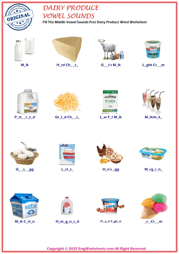 Fill The Middle Vowel Sounds Free Dairy Produce Word Worksheet