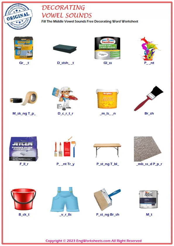 Fill The Middle Vowel Sounds Free Decorating Word Worksheet