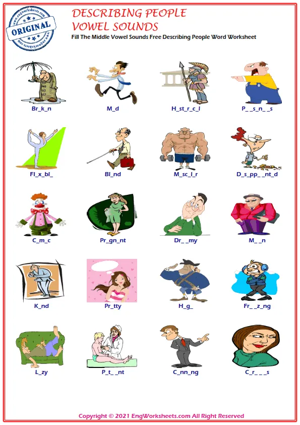 Fill The Middle Vowel Sounds Free Describing People Word Worksheet