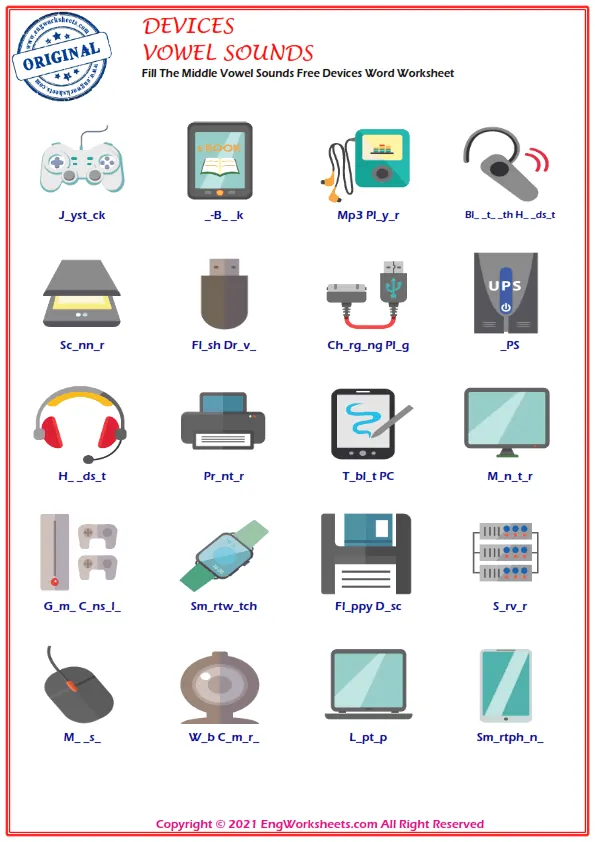 Fill The Middle Vowel Sounds Free Devices Word Worksheet