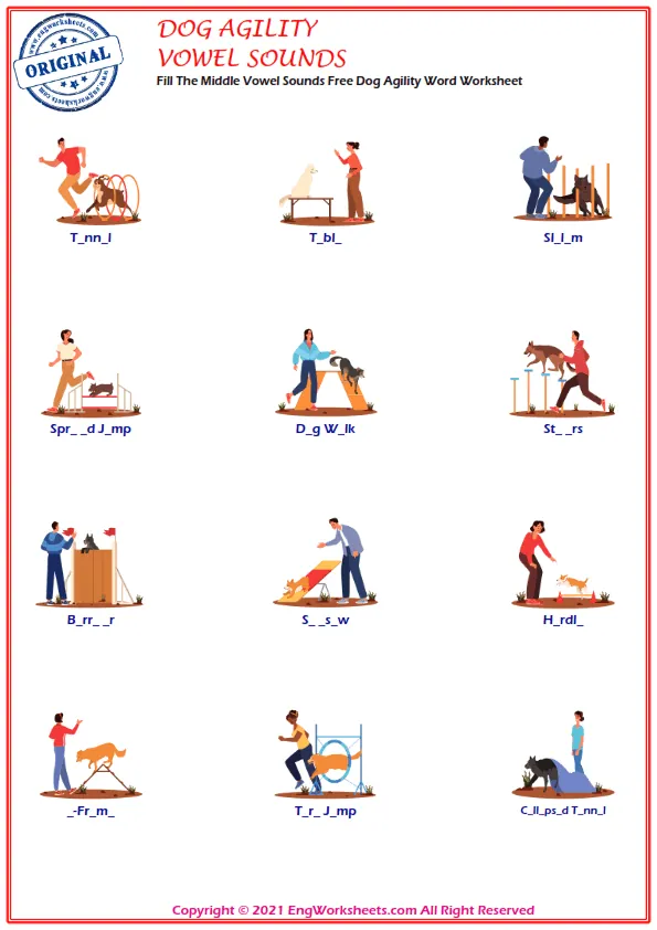 Fill The Middle Vowel Sounds Free Dog Agility Word Worksheet