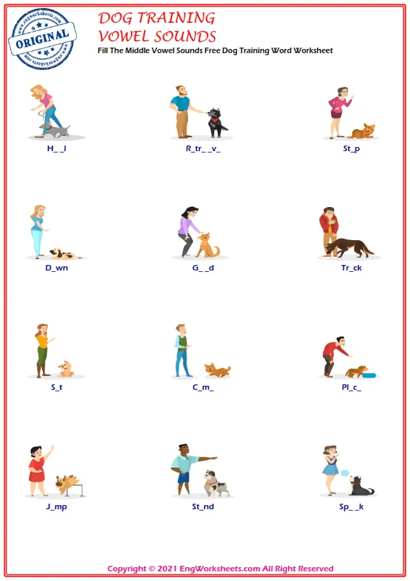 Fill The Middle Vowel Sounds Free Dog Training Word Worksheet