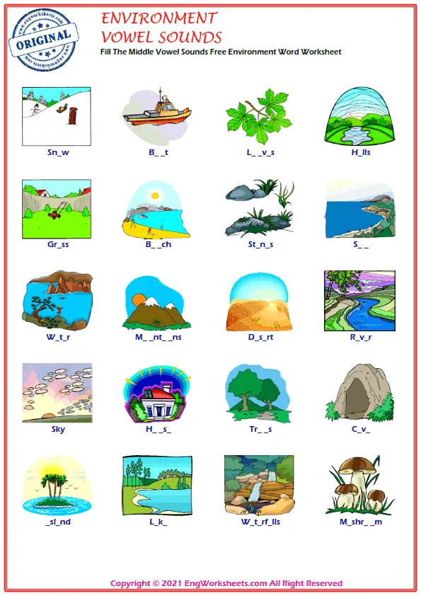 Fill The Middle Vowel Sounds Free Environment Word Worksheet