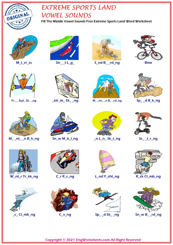 Fill The Middle Vowel Sounds Free Extreme Sports Land Word Worksheet