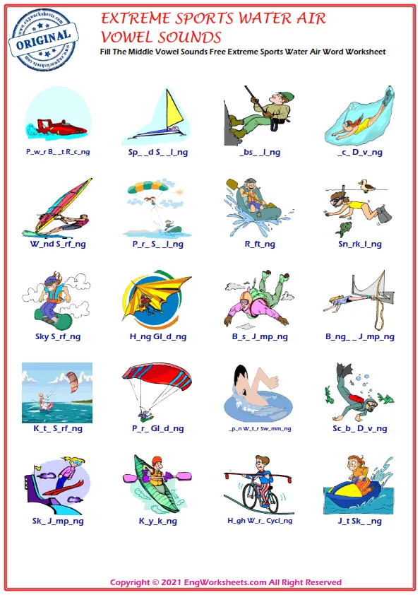 Fill The Middle Vowel Sounds Free Extreme Sports Water Air Word Worksheet