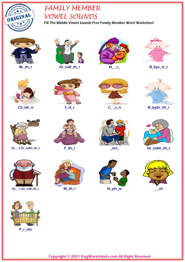 Fill The Middle Vowel Sounds Free Family Member Word Worksheet
