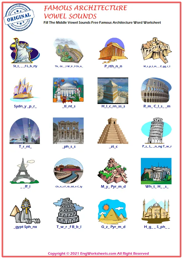 Fill The Middle Vowel Sounds Free Famous Architecture Word Worksheet