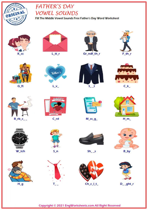 Fill The Middle Vowel Sounds Free Father's Day Word Worksheet Worksheet Preview