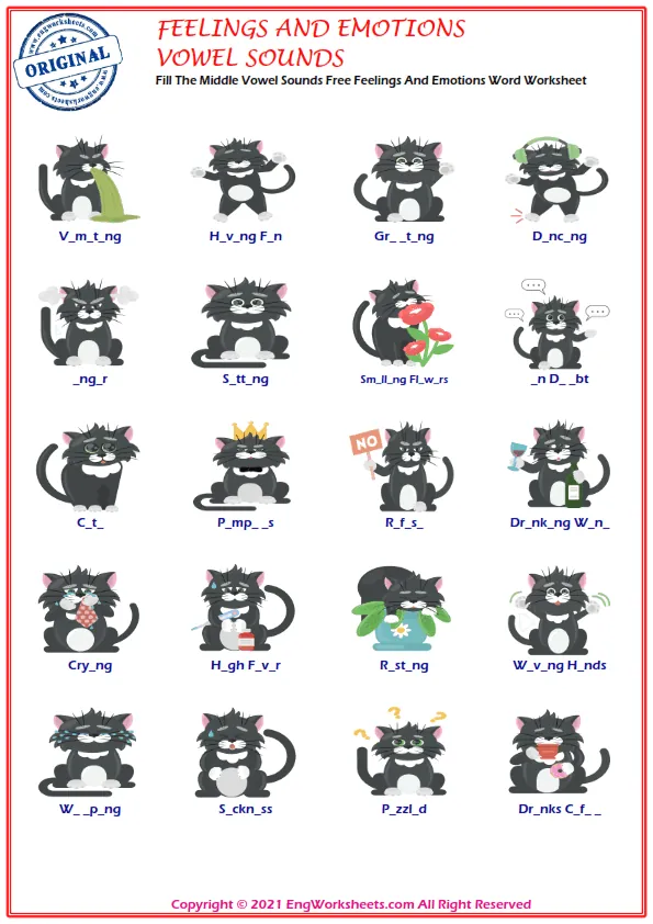 Fill The Middle Vowel Sounds Free Feelings And Emotions Word Worksheet