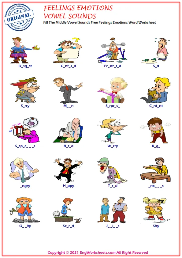 Fill The Middle Vowel Sounds Free Feelings And Emotions Word Worksheet