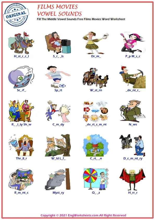 Fill The Middle Vowel Sounds Free Films Movies Word Worksheet