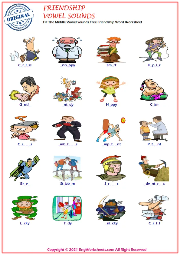 Fill The Middle Vowel Sounds Free Friendship Word Worksheet