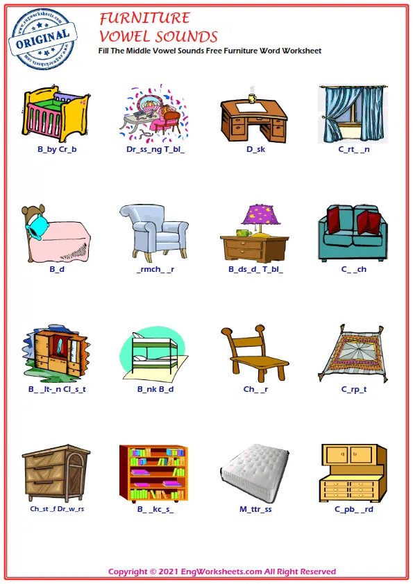 Fill The Middle Vowel Sounds Free Furniture Word Worksheet