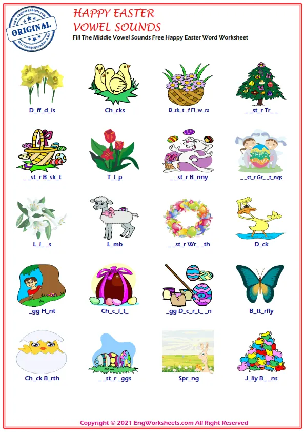 Fill The Middle Vowel Sounds Free Happy Easter Word Worksheet