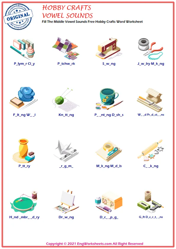 Fill The Middle Vowel Sounds Free Hobby Crafts Word Worksheet