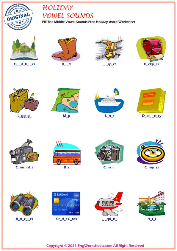 Fill The Middle Vowel Sounds Free Holiday Word Worksheet