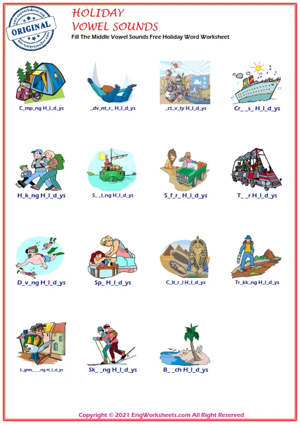 Fill The Middle Vowel Sounds Free Holiday Word Worksheet