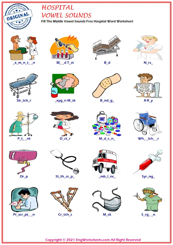 Fill The Middle Vowel Sounds Free Hospital Word Worksheet