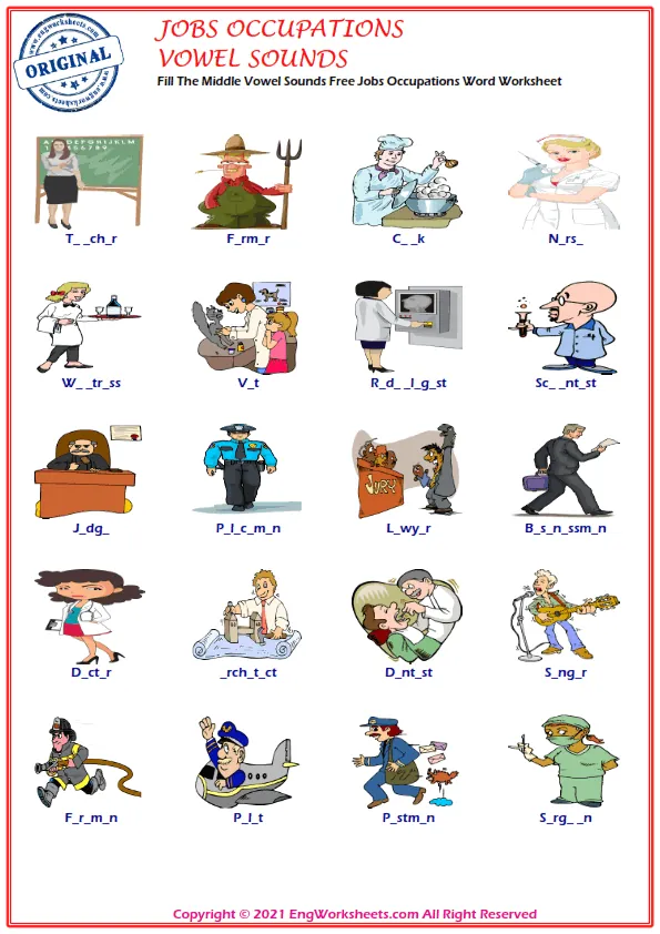 Fill The Middle Vowel Sounds Free Jobs Occupations Word Worksheet
