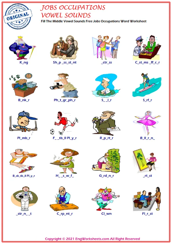 Fill The Middle Vowel Sounds Free Jobs Occupations Word Worksheet Worksheet Preview