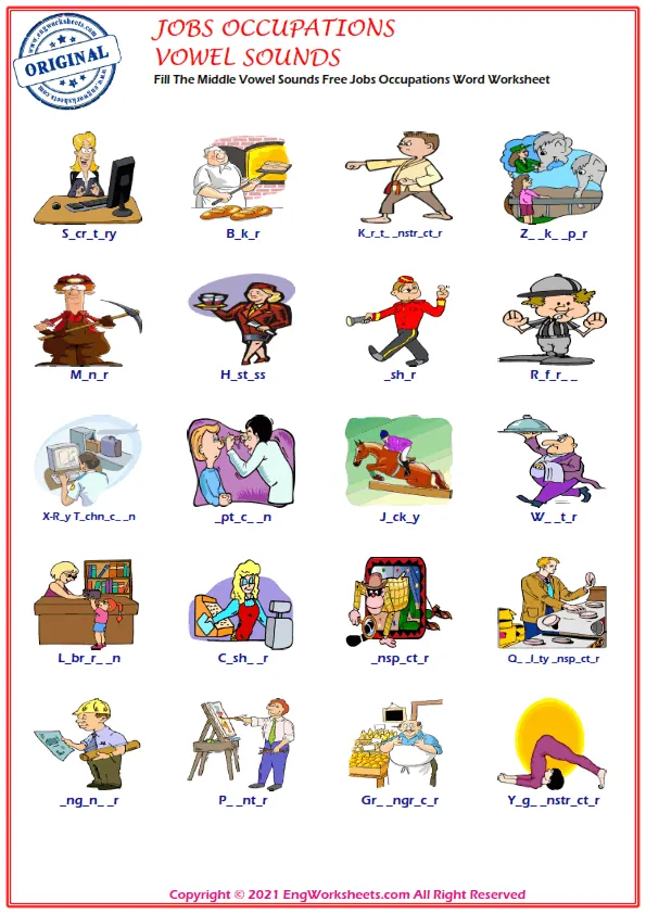 Fill The Middle Vowel Sounds Free Jobs Occupations Word Worksheet Worksheet Preview