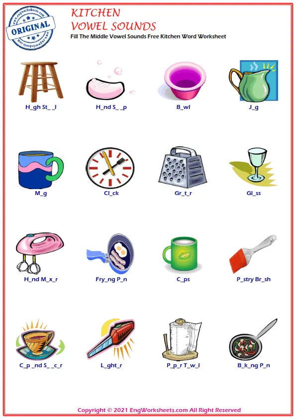 Fill The Middle Vowel Sounds Free Kitchen Word Worksheet Worksheet Preview