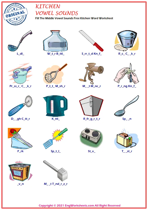 Fill The Middle Vowel Sounds Free Kitchen Word Worksheet