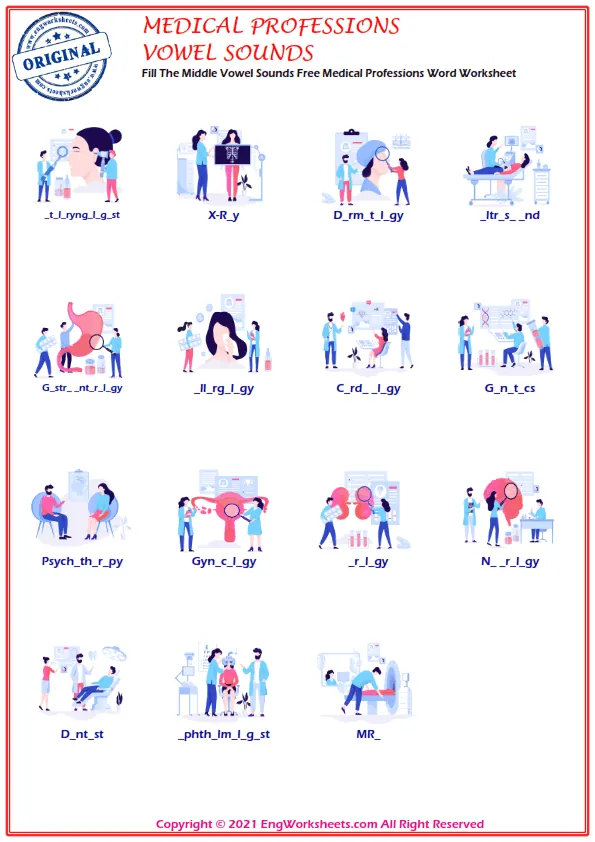 Fill The Middle Vowel Sounds Free Medical Professions Word Worksheet