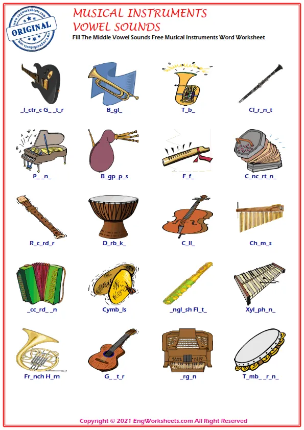 Fill The Middle Vowel Sounds Free Musical Instruments Word Worksheet Worksheet Preview