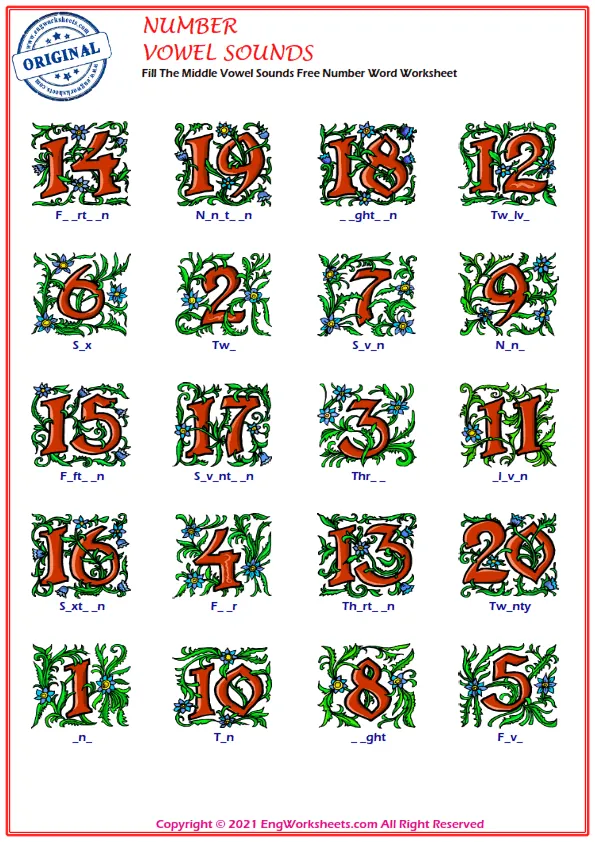 Fill The Middle Vowel Sounds Free Number Word Worksheet Worksheet Preview