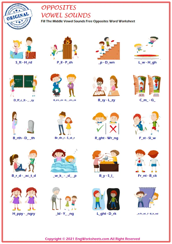 Fill The Middle Vowel Sounds Free Opposites Word Worksheet