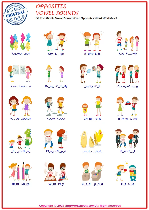 Fill The Middle Vowel Sounds Free Opposites Word Worksheet Worksheet Preview