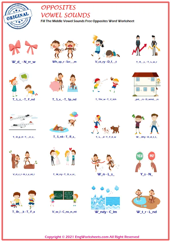 Fill The Middle Vowel Sounds Free Opposites Word Worksheet