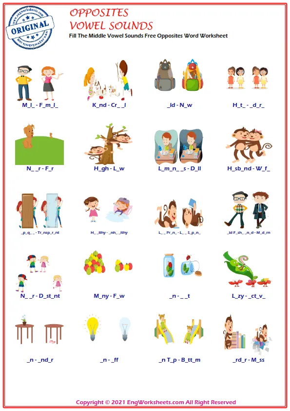 Fill The Middle Vowel Sounds Free Opposites Word Worksheet