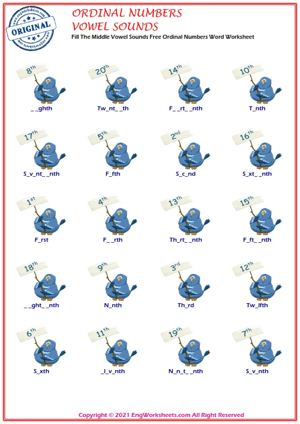 Fill The Middle Vowel Sounds Free Ordinal Numbers Word Worksheet