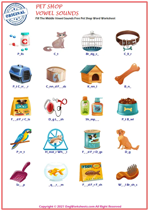 Fill The Middle Vowel Sounds Free Pet Shop Word Worksheet