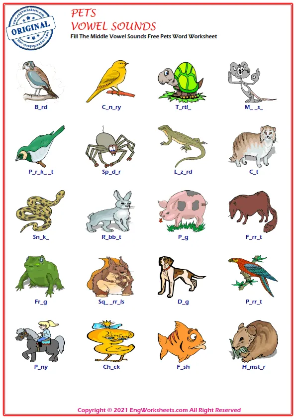 Fill The Middle Vowel Sounds Free Pets Word Worksheet Worksheet Preview