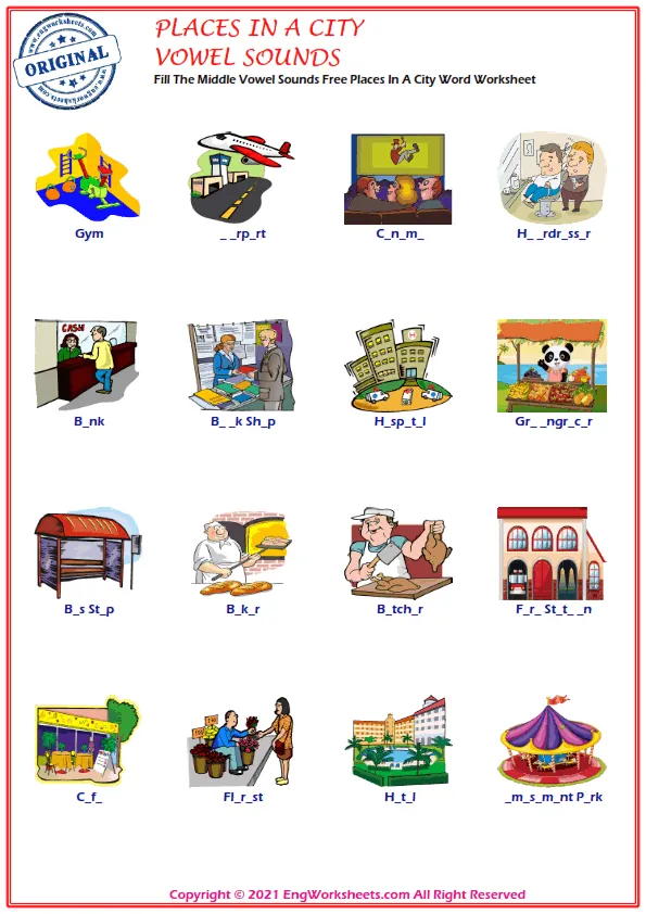 Fill The Middle Vowel Sounds Free Places In A City Word Worksheet