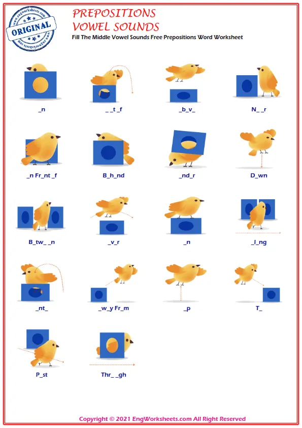 Fill The Middle Vowel Sounds Free Prepositions Word Worksheet