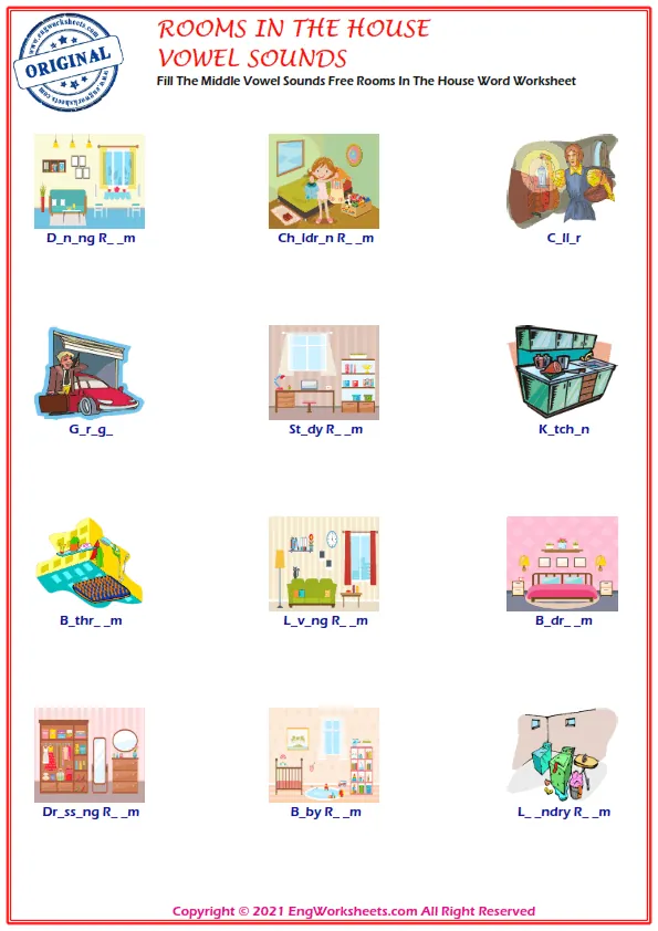 Fill The Middle Vowel Sounds Free Rooms In The House Word Worksheet
