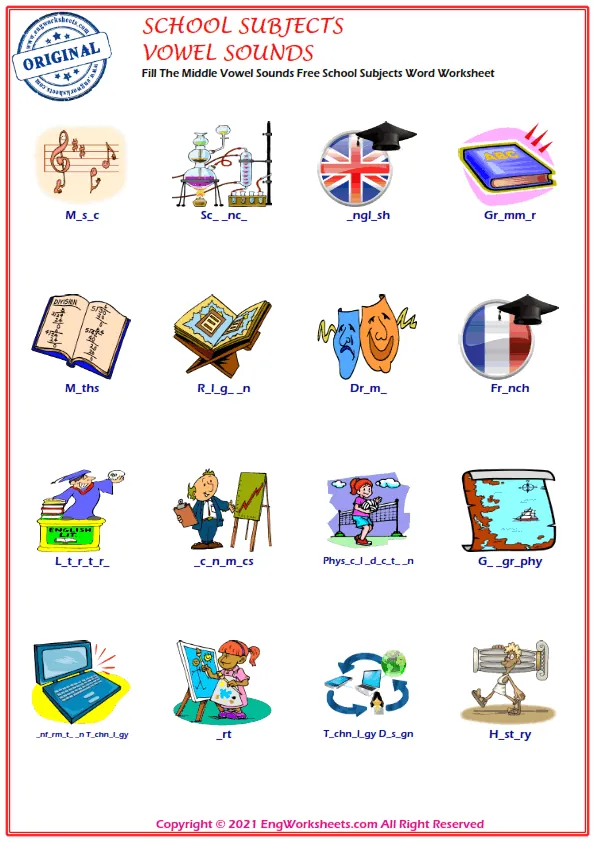 Fill The Middle Vowel Sounds Free School Subjects Word Worksheet Worksheet Preview