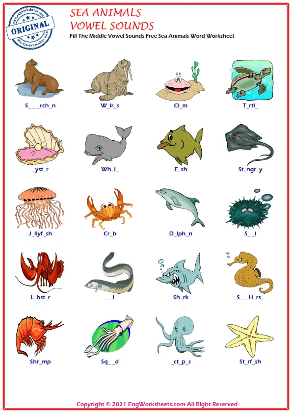 Fill The Middle Vowel Sounds Free Sea Animals Word Worksheet