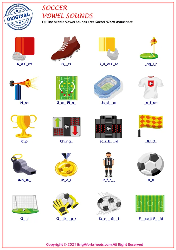 Fill The Middle Vowel Sounds Free Soccer Word Worksheet Worksheet Preview