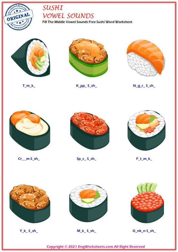 Fill The Middle Vowel Sounds Free Sushi Word Worksheet