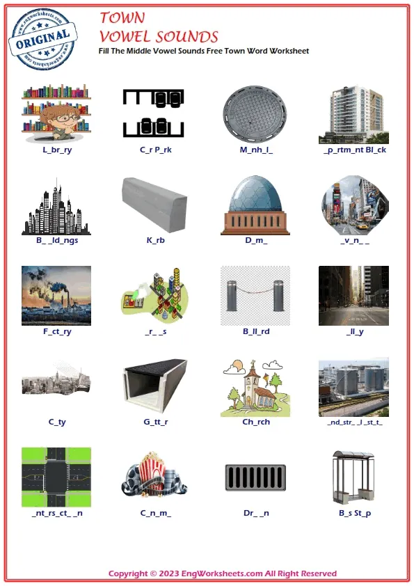 Fill The Middle Vowel Sounds Free Town Word Worksheet