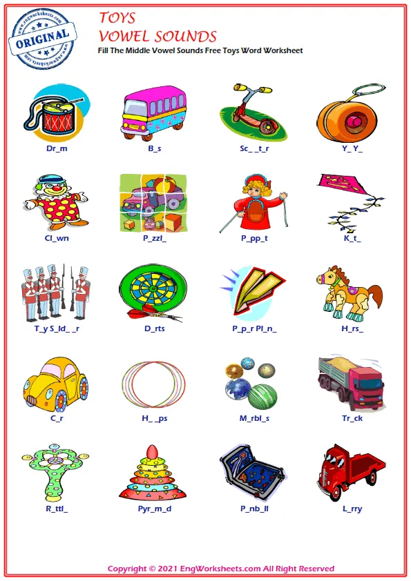 Fill The Middle Vowel Sounds Free Toys Word Worksheet