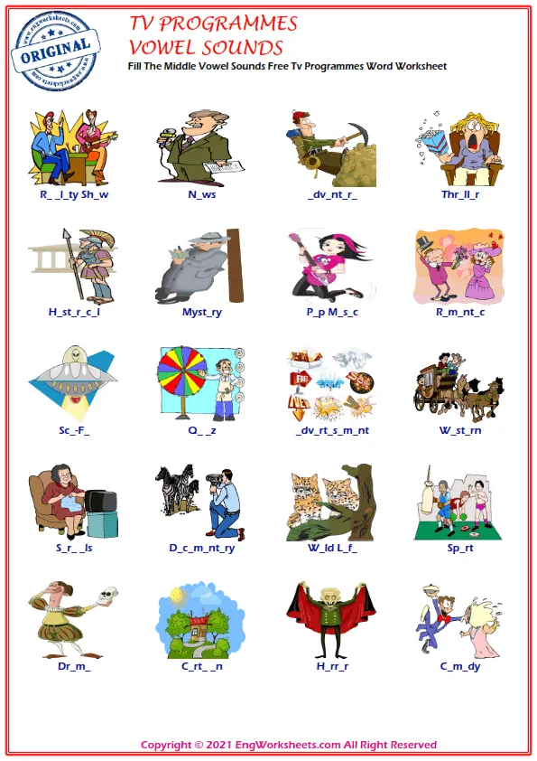 Fill The Middle Vowel Sounds Free Tv Programmes Word Worksheet Worksheet Preview