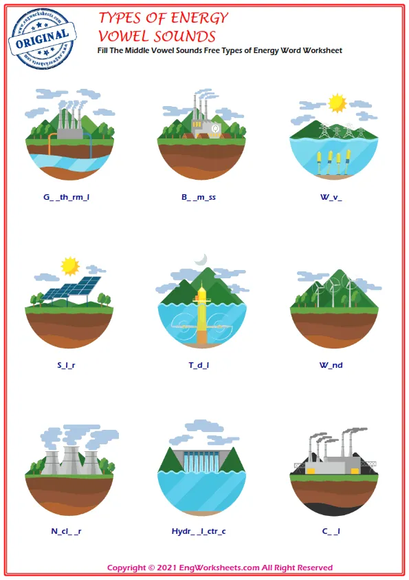 Fill The Middle Vowel Sounds Free Types of Energy Word Worksheet