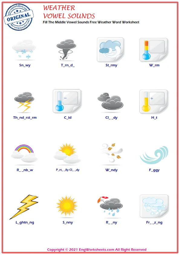 Fill The Middle Vowel Sounds Free Weather Word Worksheet Worksheet Preview