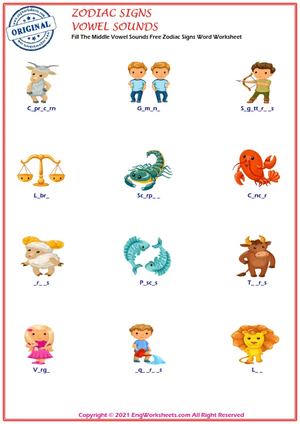 Wordless Zodiac Signs vocabulary worksheet with six images per page